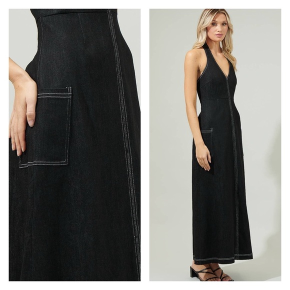 Halter Black Denim Dress by Sugarlips - Picture 2 of 4